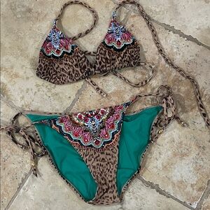 Pilyq Teal and Leopard Print Bikini